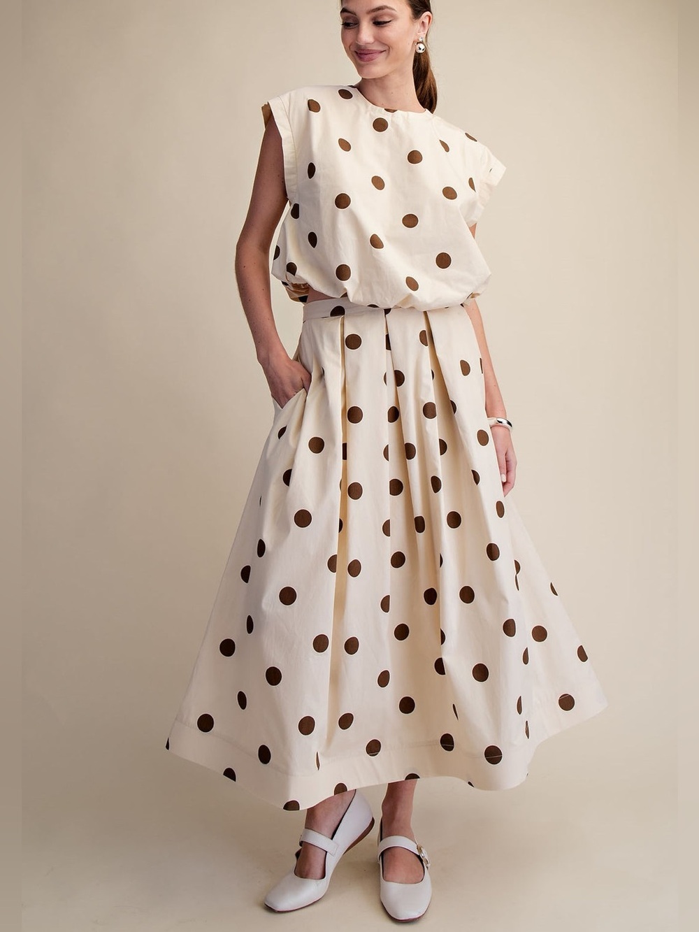 Glam Bubble Crop Top & matching Glam Pleated Skirt Cream Brown Polkadot Small